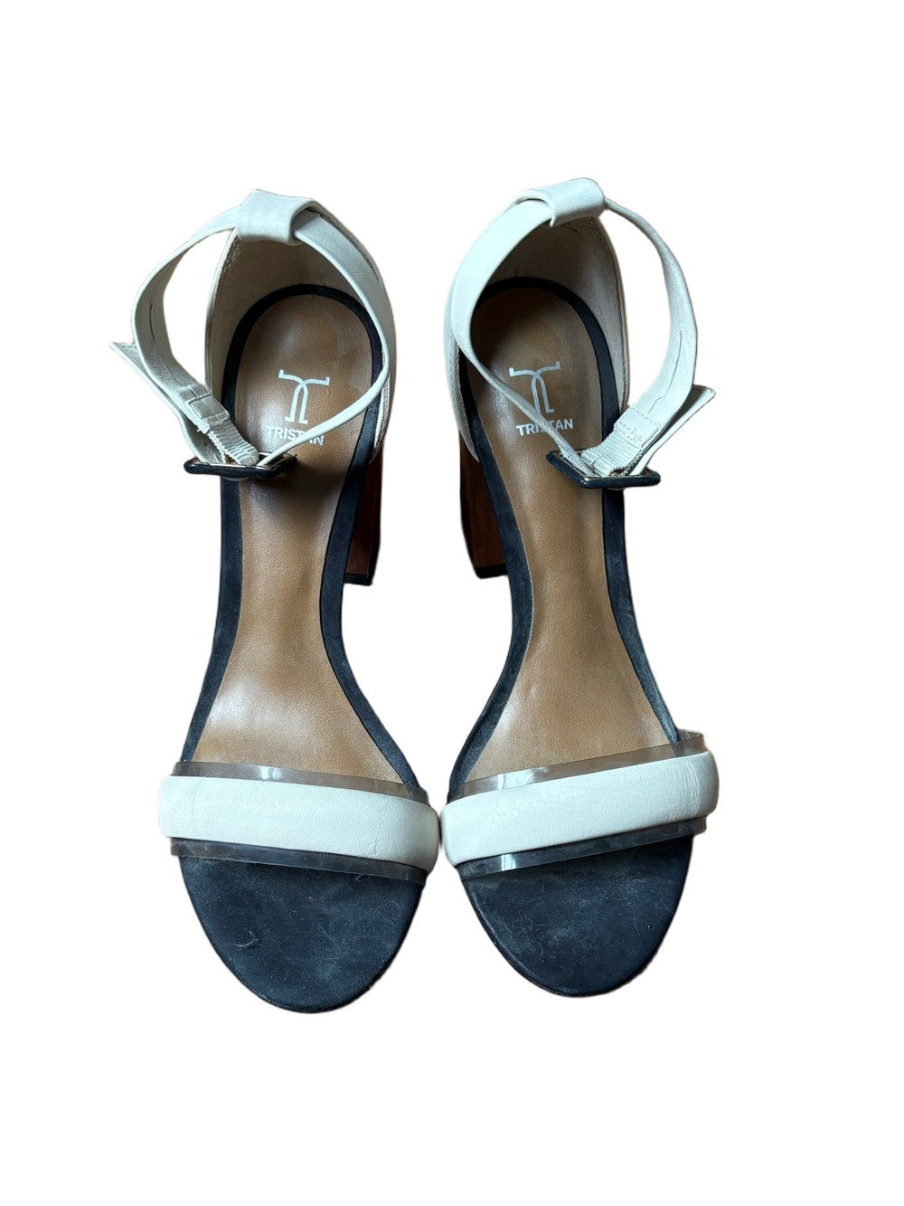 Tristan Two-Tone Ankle Strap Block Heels in White and Black